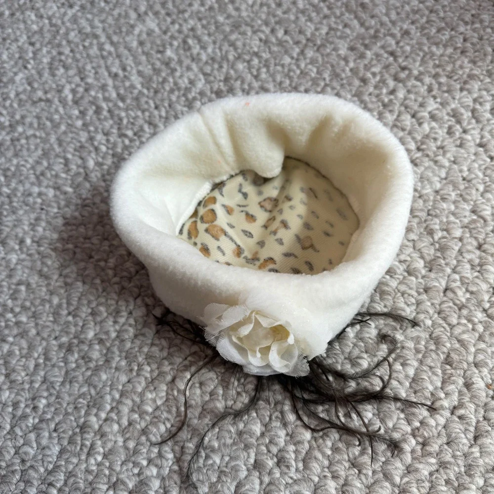 Kids Vintage Style Leopard Print Pillbox Hat with Rose and Feathers Cream